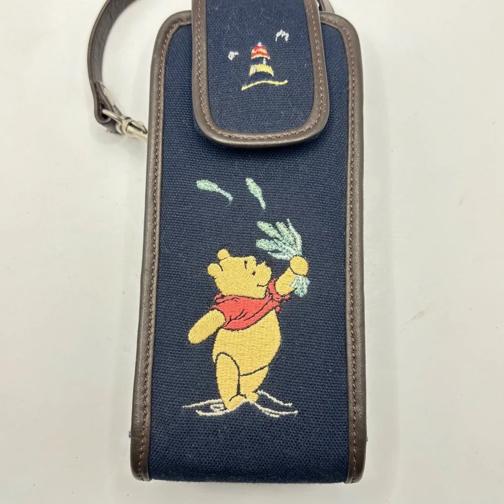 Vtg Disney Store Winnie‎ the Pooh Navy Canvas Leather Trim Pouch Wristlet Case